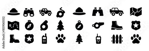 Silhouette icons of outdoor adventure gear and navigation tools