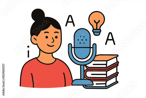 Smiling woman recording audio content with microphone near books and glowing idea lightbulb