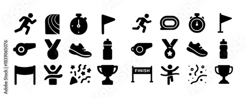 Athletic icons: running, stopwatch, medal, flag, and trophy symbols