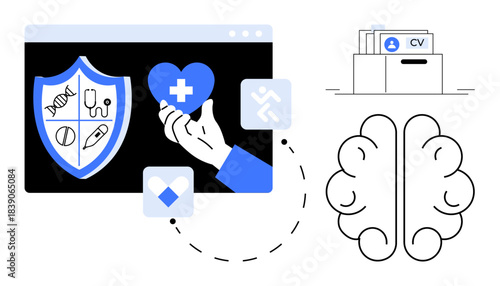 Healthcare and AI integration. Healthcare ed with medical icons, heart, and shield while AI is by a brain and CV database. Healthcare transforming AI usage. For biotechnology, AI in medicine, data