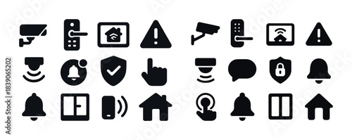 Home security icons: cameras, alarms, locks, alerts for safety systems