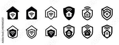 Home network security icons: wi-fi and shield symbols in black and white