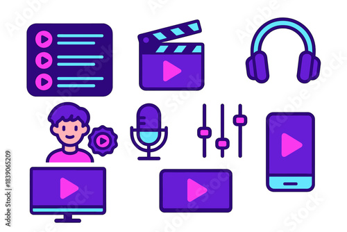 Colorful icons for media production and playback functions