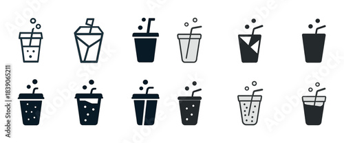 Collection of twelve beverage icon variations with straws and bubbles