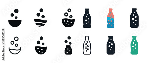 Beverage icons set: bubbles and bottles in varied styles