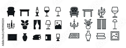 Home decor icons set: furniture, lighting, plants, books, wall art
