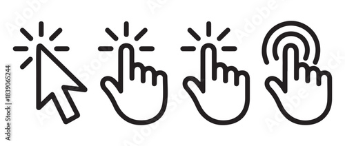 Mouse cursor click and tap icon set. Vector collection of linear arrow and hand pointers with burst and ripple effects.

