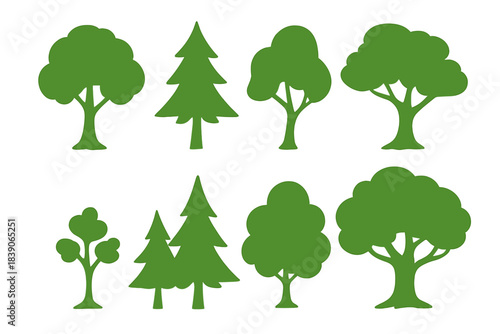 Collection of diverse green tree silhouettes for natural design elements