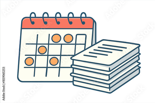 Desk calendar with marked dates and stack of reports for scheduling tasks