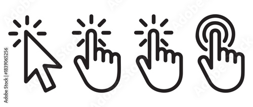 Mouse cursor click and tap icon set. Vector collection of linear arrow and hand pointers with burst and ripple effects.

