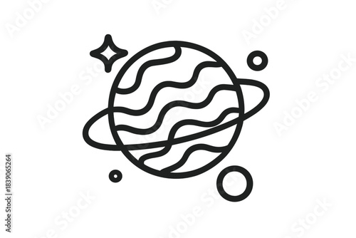 Outline icon of a ringed planet with orbiting moons and a distant star