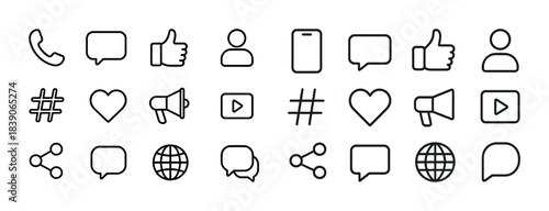 Minimalist communication icons set including phone, chat, like, and media symbols