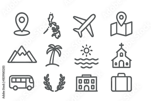 Set of travel and tourism line icons featuring map pin, airplane, and tropical destination elements