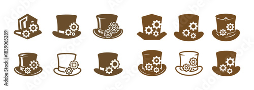 Steampunk hat icon set with gears in brown and white silhouettes