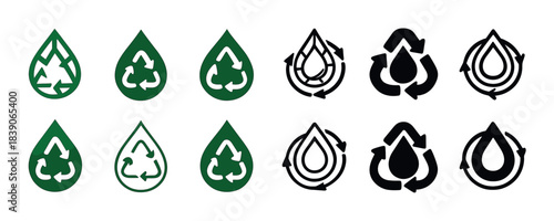 Recycling and water conservation symbols in black and green