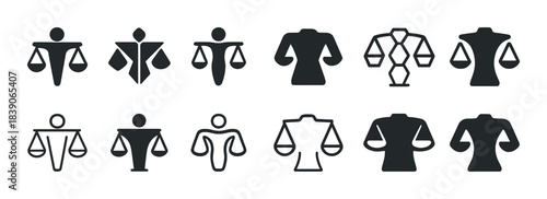 Collection of justice and balance icons featuring dual scales