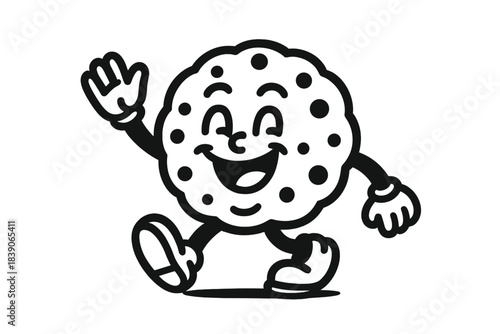 Cheerful chocolate chip cookie mascot character waving hello
