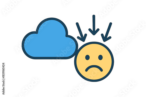Frowning face icon beneath blue cloud with descending arrows