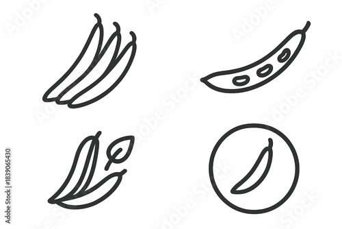 Set of green bean icons and line art symbols for healthy food concepts