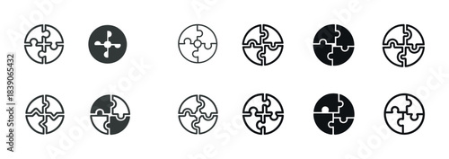 Circular puzzle pieces icon set in black and white variations