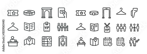 Event icons: ticket, vip, calendar, map, hanger, security, entrance, group