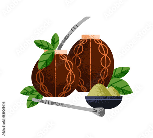 Ornamented calabashes of matcha with straw and spoon. Pots to infuse mate powder. Gourd bottles for herbal drinks. Cups of organic beverage, tea. Flat isolated vector illustration on white background