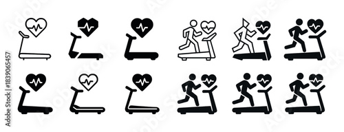 Treadmill heart icons: running exercise and cardiovascular health symbols