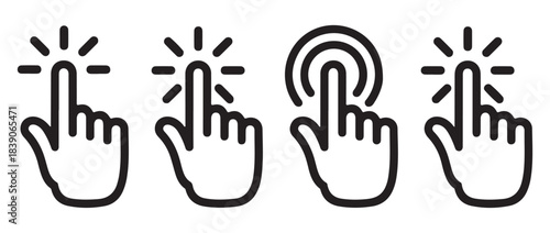 Mouse cursor click and tap icon set. Vector collection of linear arrow and hand pointers with burst and ripple effects.
