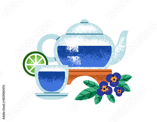 Infuser and cup of Anchan tea and flowers. Glass teapot for preparing herbal drinks. Modern pot of blue beverage and mug with slice of lime. Flat isolated vector illustration on white background