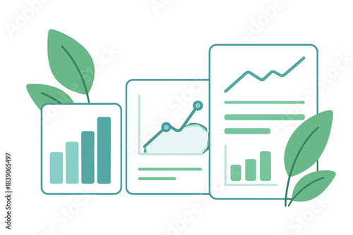 Business growth charts and rising trend reports with green leaves