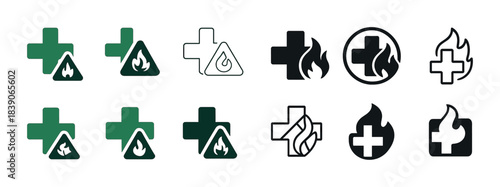 Fire safety and first aid symbols: green cross and flame icons
