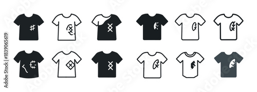 Variety of t-shirt icons with unique designs and symbols