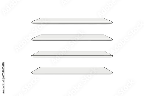 Four empty horizontal shelves shown in perspective outline