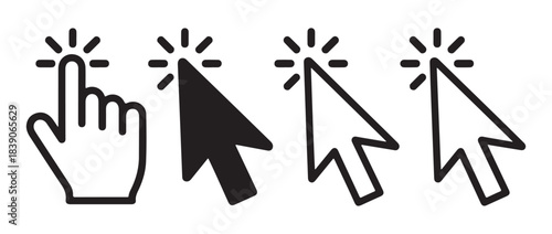 Mouse cursor click icon set. Vector collection of hand and arrow pointers with action burst lines.
