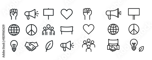Set of minimalist advocacy icons: peace, unity, communication, awareness symbols in line art