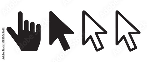 Mouse cursor click icon set. Vector collection of hand and arrow pointers with action burst lines.
