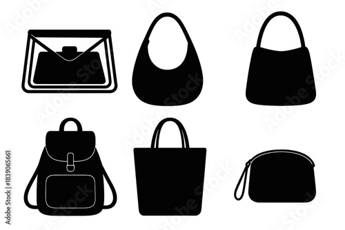 Assortment of black silhouette icons for various bags and purses