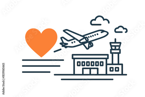Airplane departing from airport terminal with heart symbol