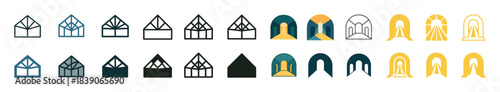 Various geometric house and arch icons in blue, yellow, black