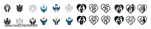 Diverse human figures: family and support icon set in various styles and colors