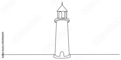 Lighthouse tower in one continuous line drawing. Light house with beams of light shining in all directions in simple linear style.