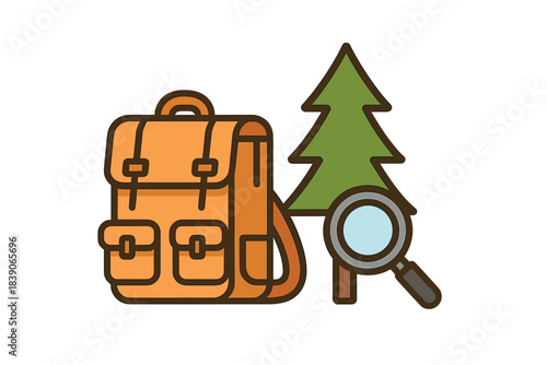 Camping backpack magnifying glass and pine tree icon set for outdoor exploration
