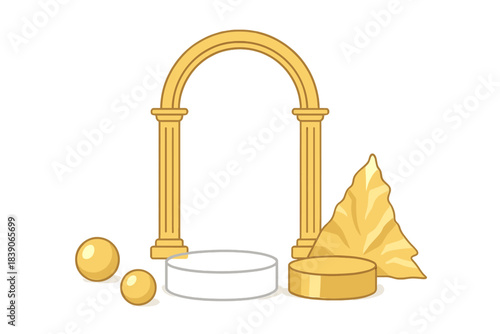 Golden pedestal display with ancient arch and decorative elements