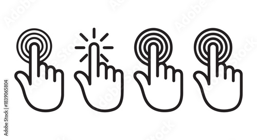 Mouse cursor click and tap icon set. Vector collection of linear arrow and hand pointers with burst and ripple effects.
