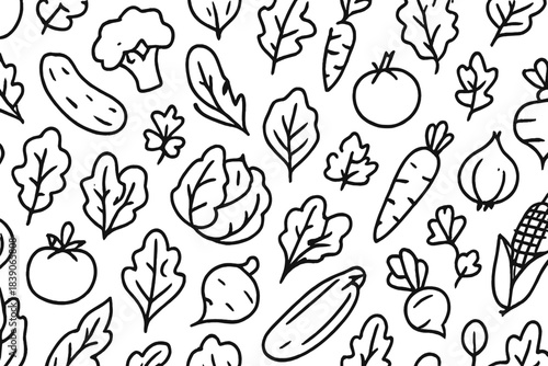 Hand drawn doodle pattern of various fresh vegetables and leafy greens