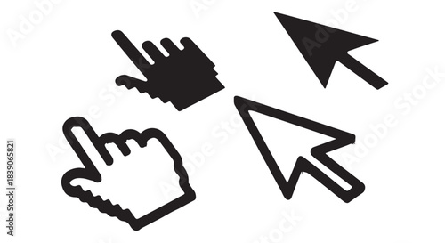 Mouse cursor click icon set. Vector collection of hand and arrow pointers with action burst lines.
