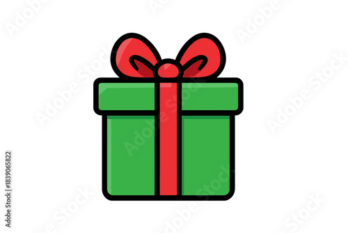 Simple green gift box with red ribbon and bow icon