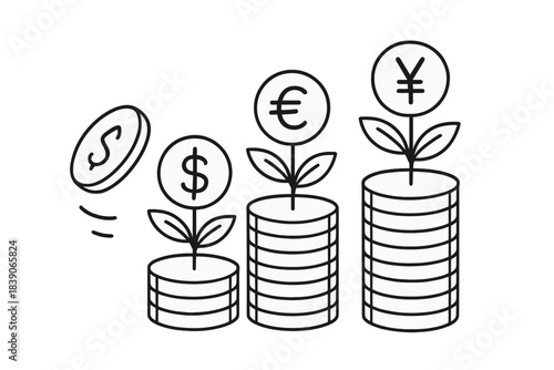 Stacks of currency coins with sprouts symbolizing financial investment growth