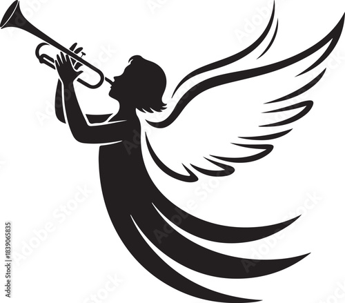 Angel silhouette playing trumpet, spiritual divine music symbol
