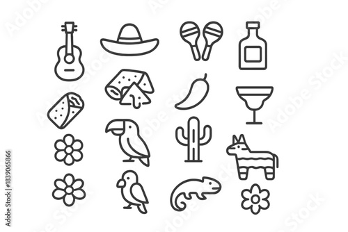 Mexican cultural icons set with guitar sombrero cactus and food line art